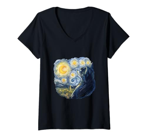 Damen Katze im Sternennacht-Stil Van Gogh Lustiges Kunstmotiv T-Shirt mit V-Ausschnitt Damen Katze im Sternennacht-Stil Van Gogh Lustiges Kunstmotiv T-Shirt mit V-Ausschnitt von Artistic Cats - Van Gogh Katzen Designs