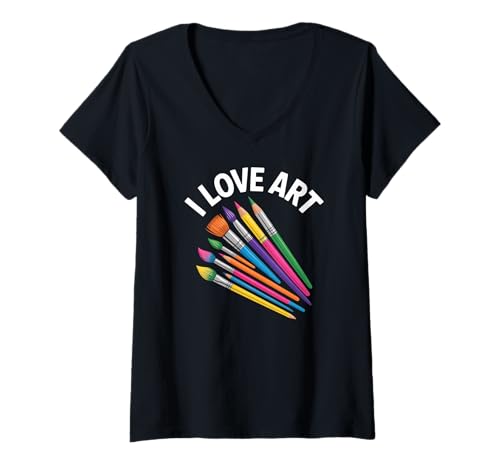 Damen Ich Liebe Kunst, Palette mit kreativen Ausdruckswerkzeugen T-Shirt mit V-Ausschnitt Damen Ich Liebe Kunst, Palette mit kreativen Ausdruckswerkzeugen T-Shirt mit V-Ausschnitt von Artistic Expressions Creativity Passion Colors