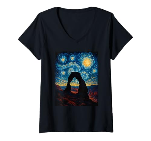 Damen Van Gogh Arches National Park Sternennacht Kunstwerk T-Shirt mit V-Ausschnitt Damen Van Gogh Arches National Park Sternennacht Kunstwerk T-Shirt mit V-Ausschnitt von Artistic Expressions by Vincent Van Gogh Designs