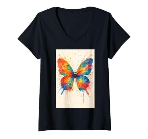 Damen Buntes Aquarell-Schmetterlingsgemälde T-Shirt mit V-Ausschnitt von Artistic Flight