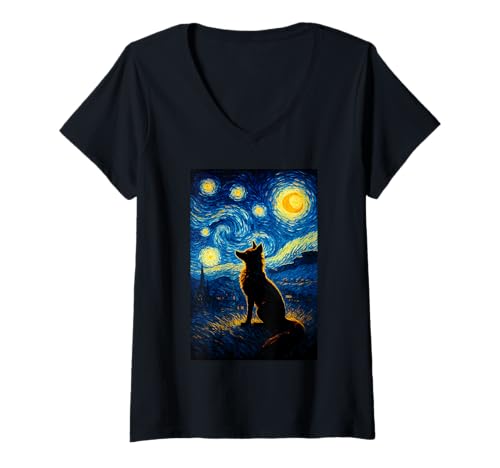 Damen Starry Night Van Gogh Fox Lover Kunstwerk T-Shirt mit V-Ausschnitt Damen Starry Night Van Gogh Fox Lover Kunstwerk T-Shirt mit V-Ausschnitt von Artistic Fox Designs for Van Gogh Enthusiasts Co.