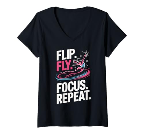 Damen Flip Fly Focus Repeat Inspirational Gymnastics Quote T-Shirt mit V-Ausschnitt von Artistic Gymnastics Athlete Routine Designs