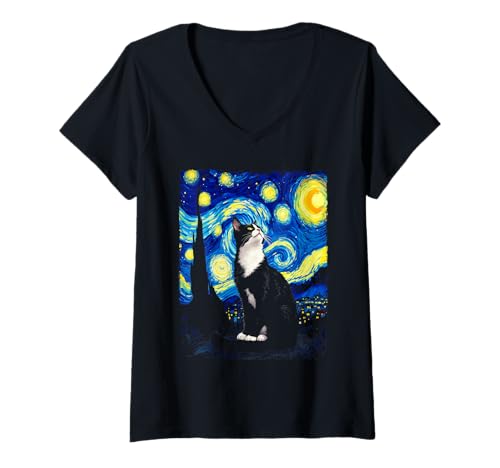 Damen Van Gogh Starry Night Cute Cat Moonlit Scene Cat Lovers T-Shirt mit V-Ausschnitt von Artistic Kitty Lovers Cat Mom Cat Dad