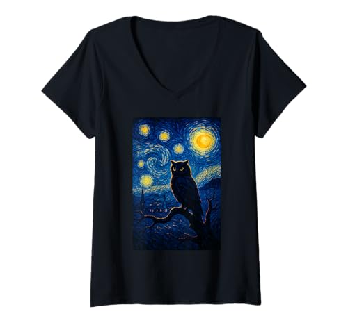 Damen Atemberaubendes Van-Gogh-Eulen-Design, inspiriert von Sternennacht T-Shirt mit V-Ausschnitt Damen Atemberaubendes Van-Gogh-Eulen-Design, inspiriert von Sternennacht T-Shirt mit V-Ausschnitt von Artistic Owl Apparel by Vincent Van Gogh