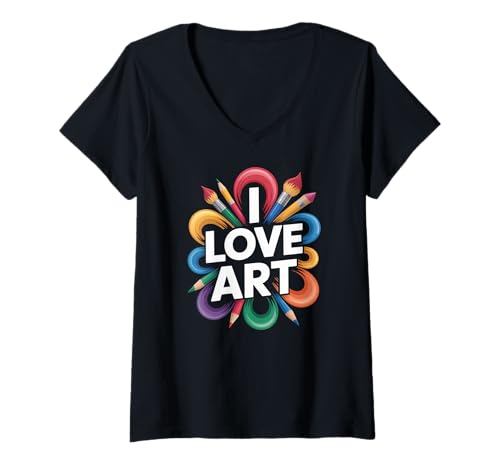 Damen Ich Liebe Kunst, lebendiges Design für Enthusiasten T-Shirt mit V-Ausschnitt von Artistic Passion Palette Creativity