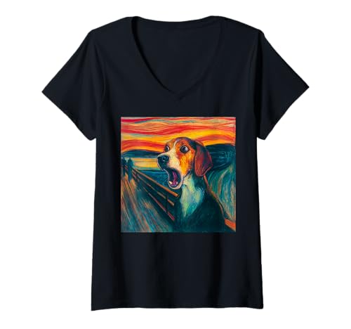 Damen Beagle Pop Art Parodie Hund Scream Painting Design T-Shirt mit V-Ausschnitt Damen Beagle Pop Art Parodie Hund Scream Painting Design T-Shirt mit V-Ausschnitt von Artistic Paws Parody Prints