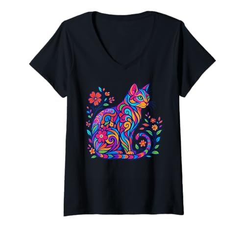 Damen Bunte abstrakte florale Kätzchen-Kunst geometrische süße Katze T-Shirt mit V-Ausschnitt Damen Bunte abstrakte florale Kätzchen-Kunst geometrische süße Katze T-Shirt mit V-Ausschnitt von Artistic Pet Art Botanical Feline Pattern Mosaic