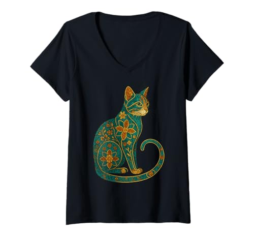 Damen Vintage Floral Cat Design im Ornamentmosaik-Stil T-Shirt mit V-Ausschnitt Damen Vintage Floral Cat Design im Ornamentmosaik-Stil T-Shirt mit V-Ausschnitt von Artistic Pet Art Botanical Feline Pattern Mosaic