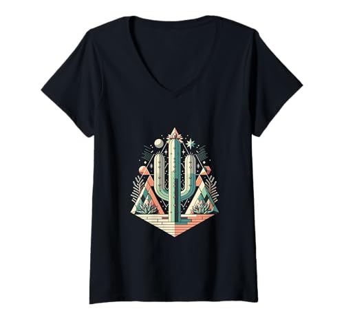 Damen Geometrischer Wüstenkaktus Boho Sukkulente Südwesten T-Shirt mit V-Ausschnitt Damen Geometrischer Wüstenkaktus Boho Sukkulente Südwesten T-Shirt mit V-Ausschnitt von Artistic geometric patterns with desert