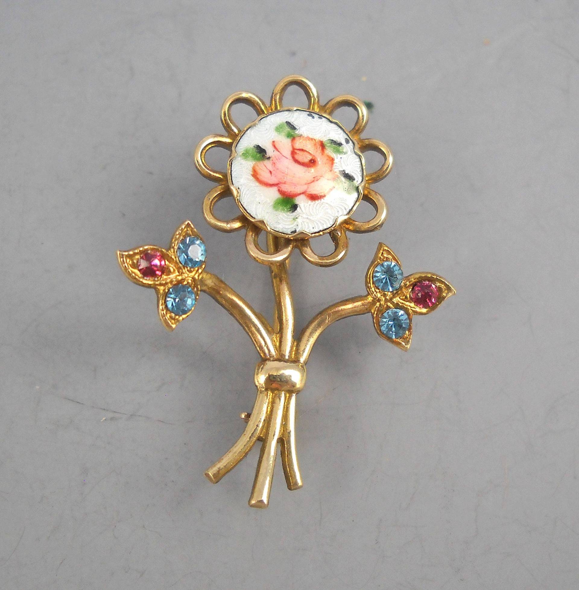 Einzelne Blume Gold Ton Geformt, Emaille Und Strass Revers Pin Vintage von ArtisticInnerChi