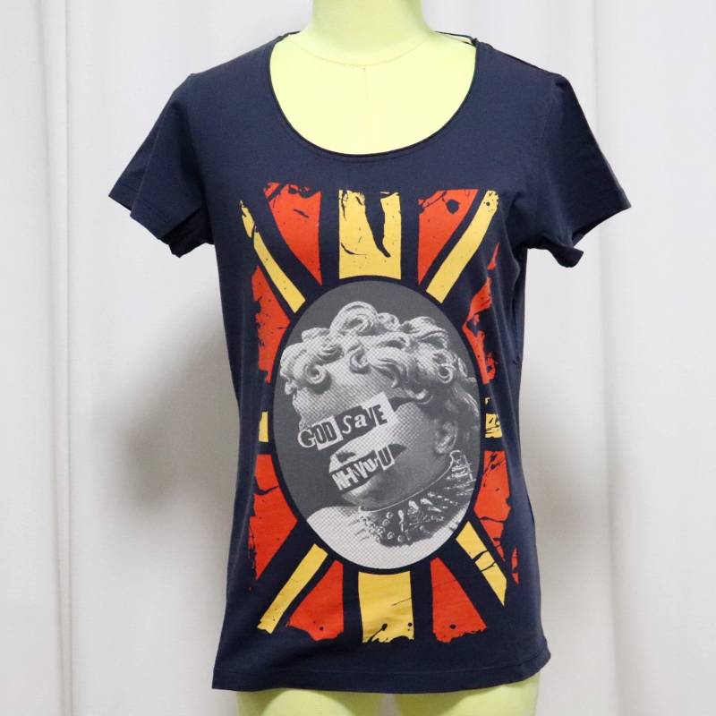 Nhivuru Blaues Grafik-T-Shirt | Vintage Rock Engel Print T-Shirt Frauen Baumwolle Designer Shirt Größe S Hergestellt in Italien von ArtisuStudio