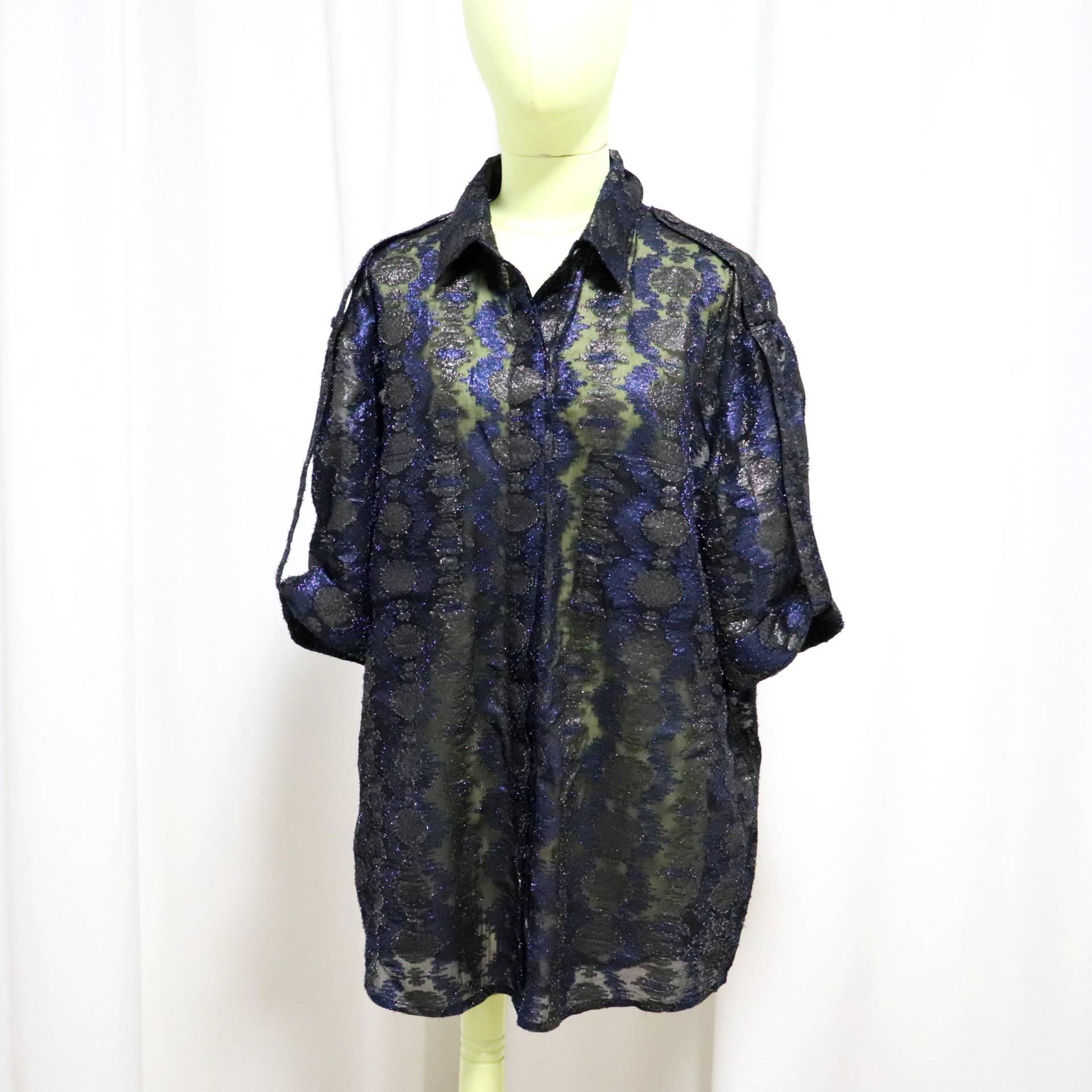 Vintage Lanvin Seidenbluse Blau & Gold Metallic Faden, Größe 46 It von ArtisuStudio