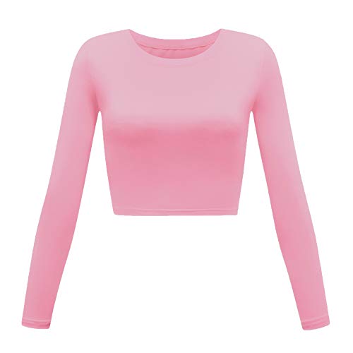 Damen Basic Rundhals Langarm Crop Top, Pink, Mittel von Artivaly