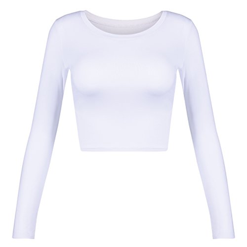 Damen Basic Rundhals Langarm Crop Top, Weiss/opulenter Garten, X-Klein von Artivaly