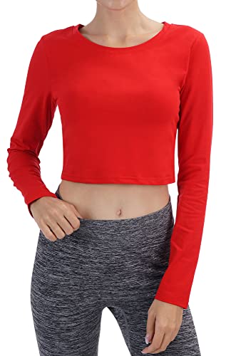 Damen Basic Rundhals Langarm Crop Top, hellrot, Mittel von Artivaly