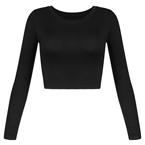 Damen Basic Rundhals Langarm Crop Top, schwarz, Klein von Artivaly