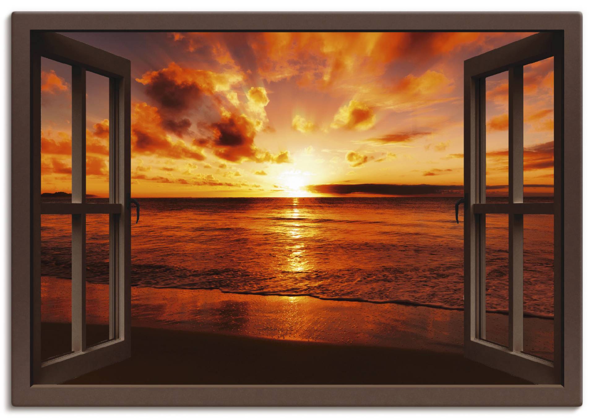 Artland Leinwandbild "Fensterblick Sonnenuntergang am Strand" Fensterblick 1 Stk. tlg. als Leinwandbild, Poster, Wandaufkleber in verschied. Größen von Artland