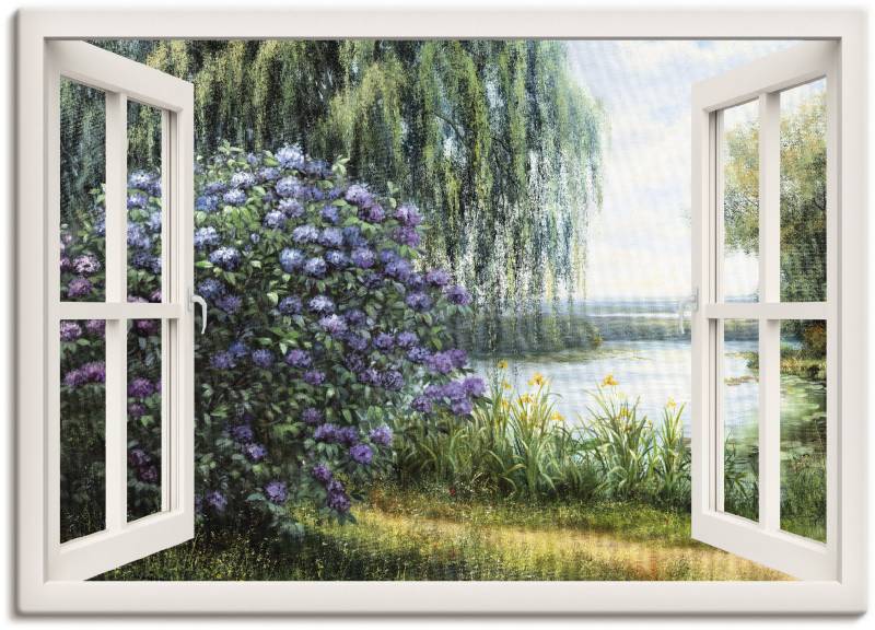 Artland Leinwandbild "Hortensien am See" Fensterblick 1 Stk. tlg. als Leinwandbild, Poster, Wandaufkleber in verschied. Größen von Artland