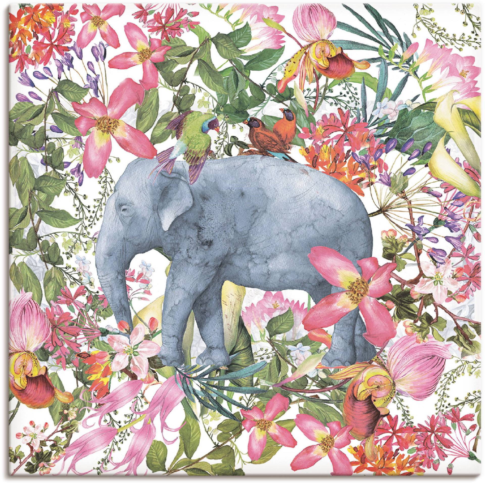 Artland Wandbild "Elefant im Blüten Dschungel", Wildtiere, (1 St.), als Leinwandbild, Poster in verschied. Größen von Artland