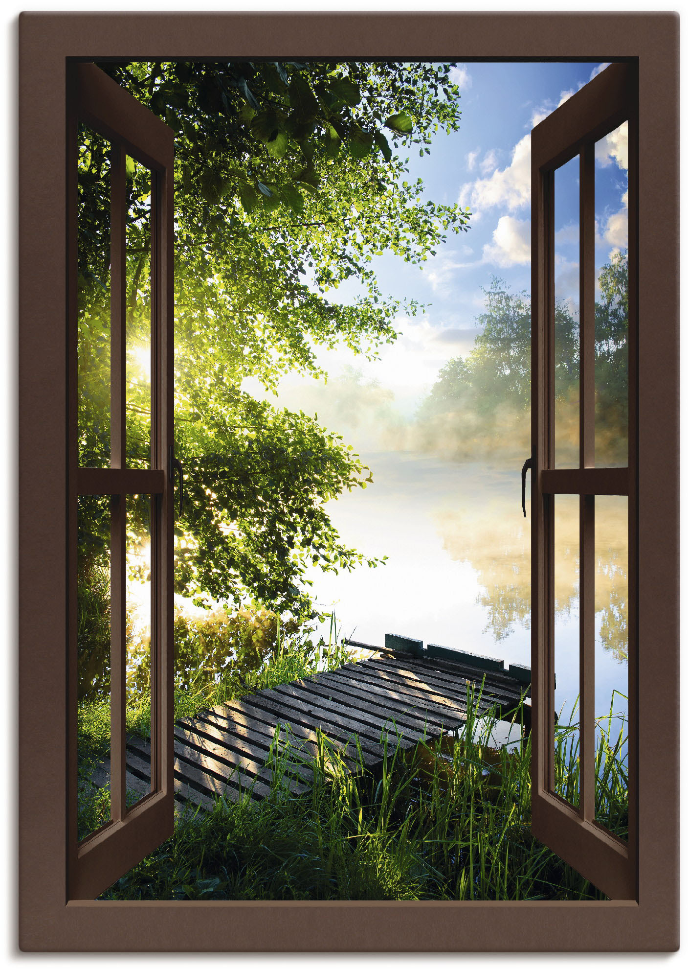 Artland Wandbild "Fensterblick Angelsteg am Fluss" Fensterblick 1 Stk. tlg. als Alubild, Outdoorbild, Leinwandbild, Poster, Wandaufkleber von Artland