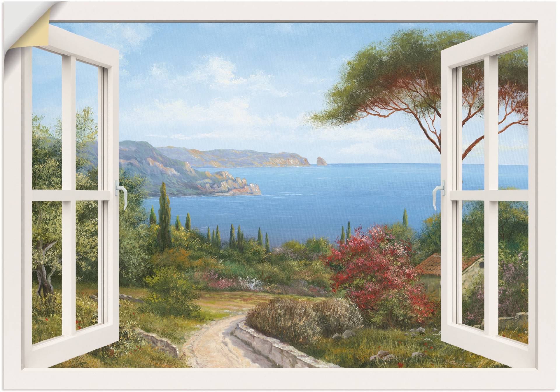 Artland Wandbild "Fensterblick - Haus am Meer I", Fensterblick, (1 St.), als Leinwandbild, Poster, Wandaufkleber in verschied. Größen von Artland