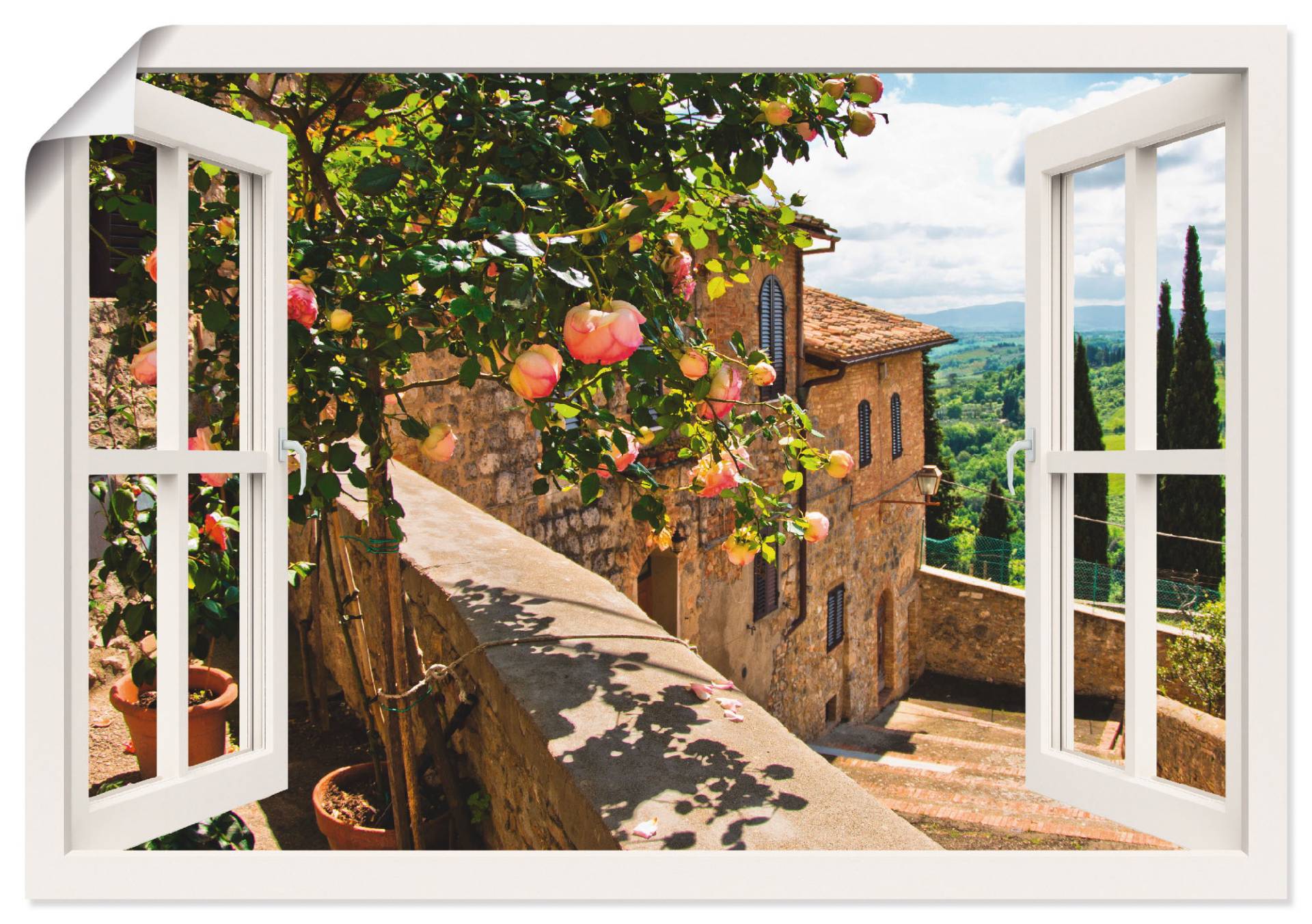 Artland Wandbild "Fensterblick Rosen auf Balkon Toskana", Garten, (1 St.), als Alubild, Outdoorbild, Leinwandbild, Poster, Wandaufkleber von Artland