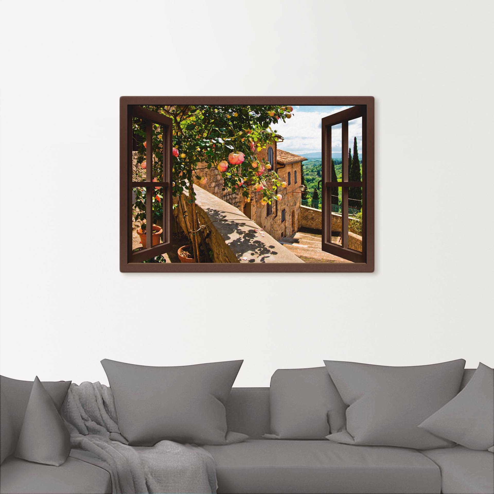 Artland Wandbild "Fensterblick Rosen auf Balkon Toskana" Garten 1 Stk. tlg. als Alubild, Outdoorbild, Leinwandbild, Poster, Wandaufkleber von Artland