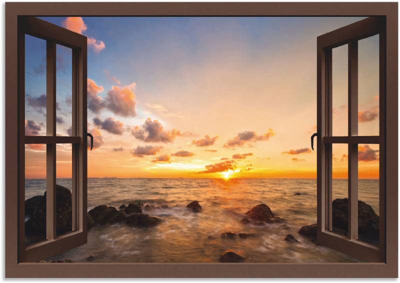 Artland Wandbild "Fensterblick Sonnenuntergang am Meer" Fensterblick 1 Stk. tlg. als Alubild, Outdoorbild, Leinwandbild, Poster, Wandaufkleber von Artland