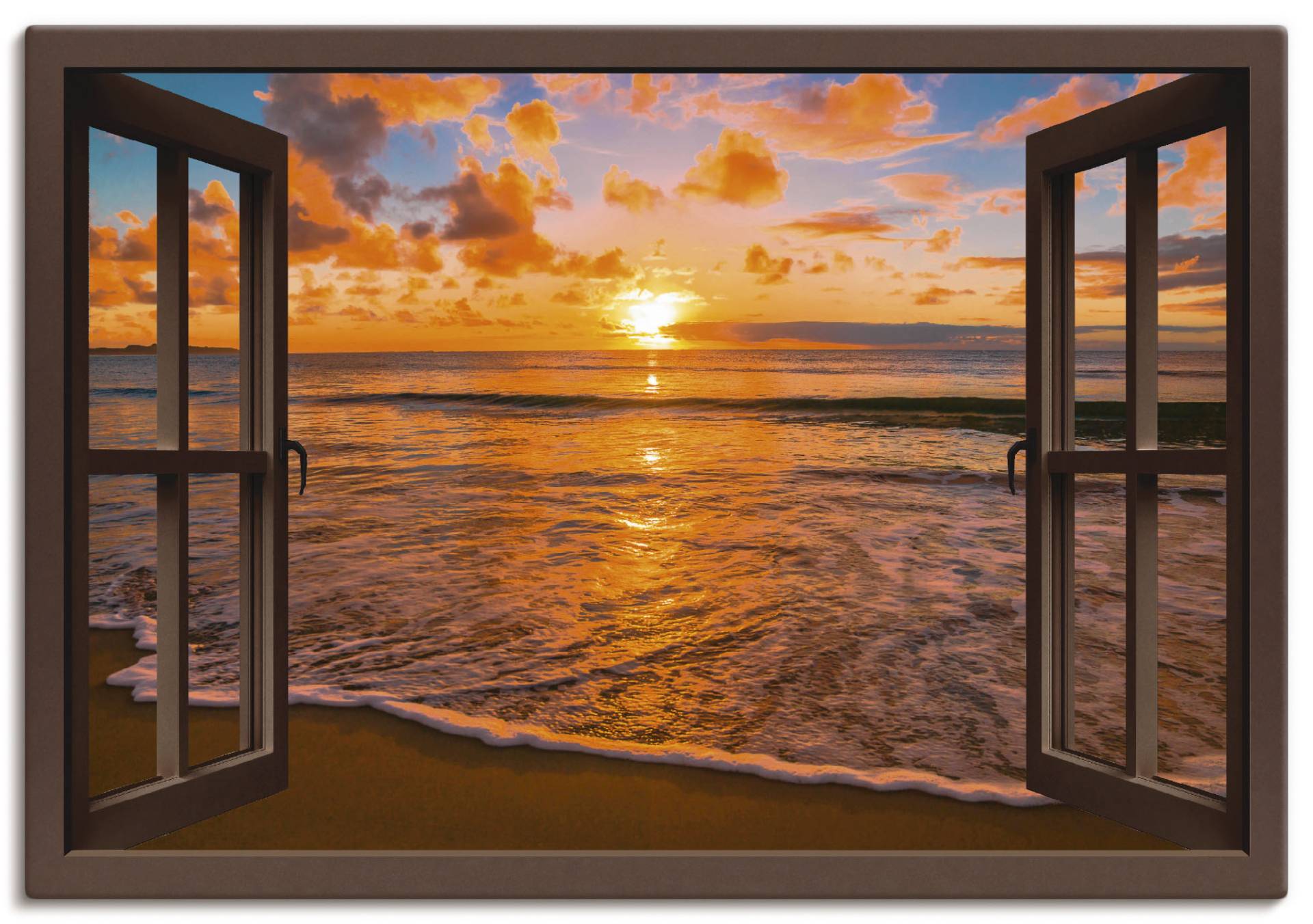 Artland Wandbild "Fensterblick Sonnenuntergang am Strand", Sonnenaufgang & -untergang, (1 St.), als Leinwandbild, Poster, Wandaufkleber in verschied. Größen von Artland