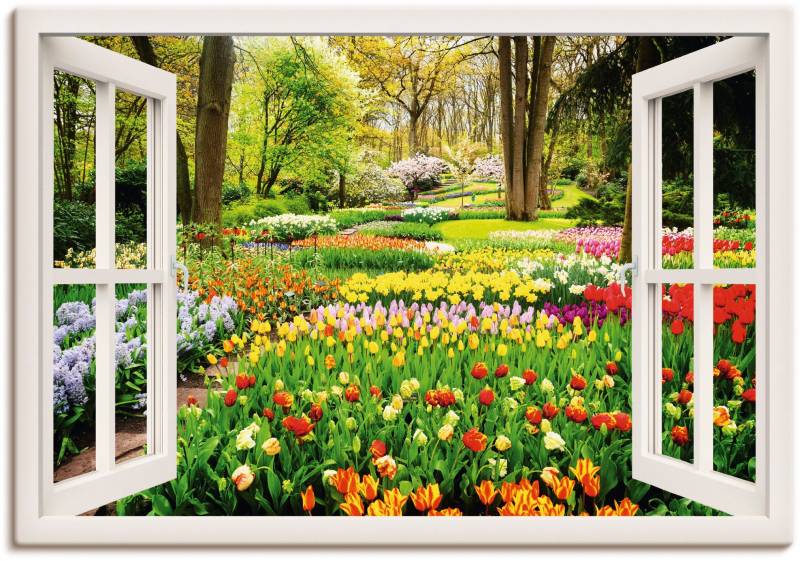Artland Wandbild "Fensterblick Tulpen Garten Frühling" Fensterblick 1 Stk. tlg. als Alubild, Outdoorbild, Leinwandbild, Poster, Wandaufkleber von Artland