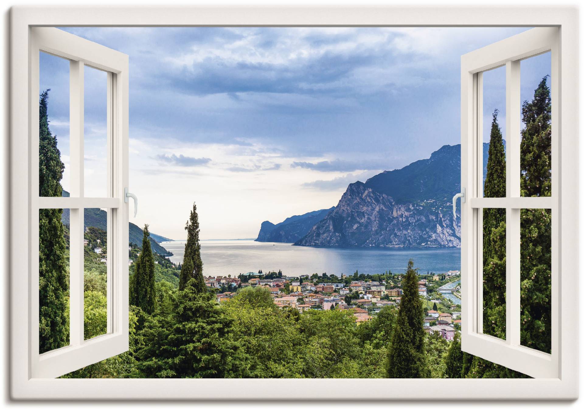 Artland Wandbild "Gardasee durchs weiße Fenster" Seebilder 1 Stk. tlg. als Alubild, Outdoorbild, Leinwandbild, Poster, Wandaufkleber von Artland