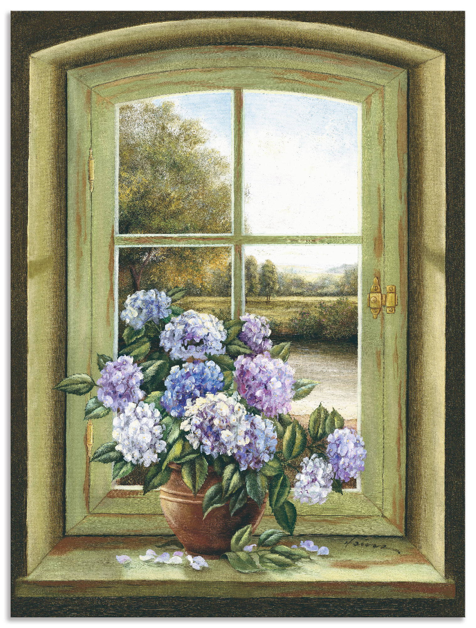 Artland Wandbild "Hortensien am Fenster", Arrangements, (1 St.), als Alubild, Outdoorbild, Leinwandbild, Poster, Wandaufkleber von Artland