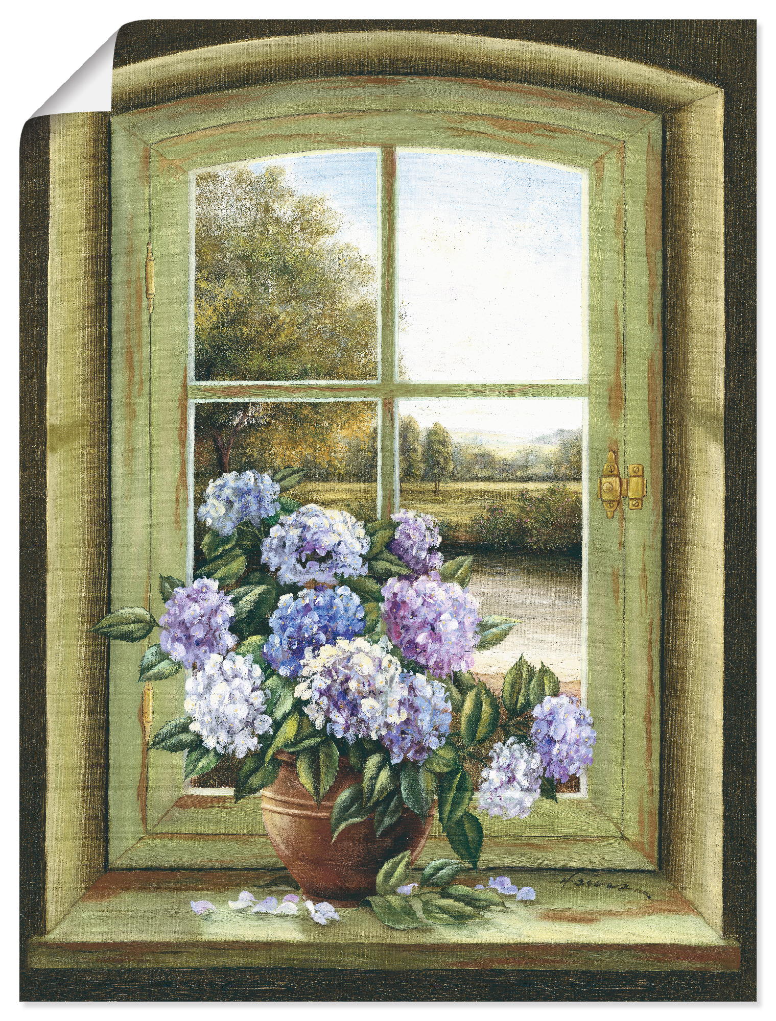 Artland Wandbild "Hortensien am Fenster", Arrangements, (1 St.), als Alubild, Outdoorbild, Leinwandbild, Poster, Wandaufkleber von Artland