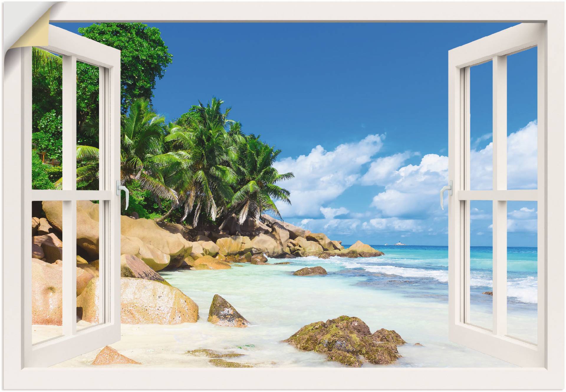 Artland Wandbild "Küste mit Palmen durchs Fenster", Karibikbilder, (1 St.), als Alubild, Outdoorbild, Leinwandbild, Poster, Wandaufkleber von Artland