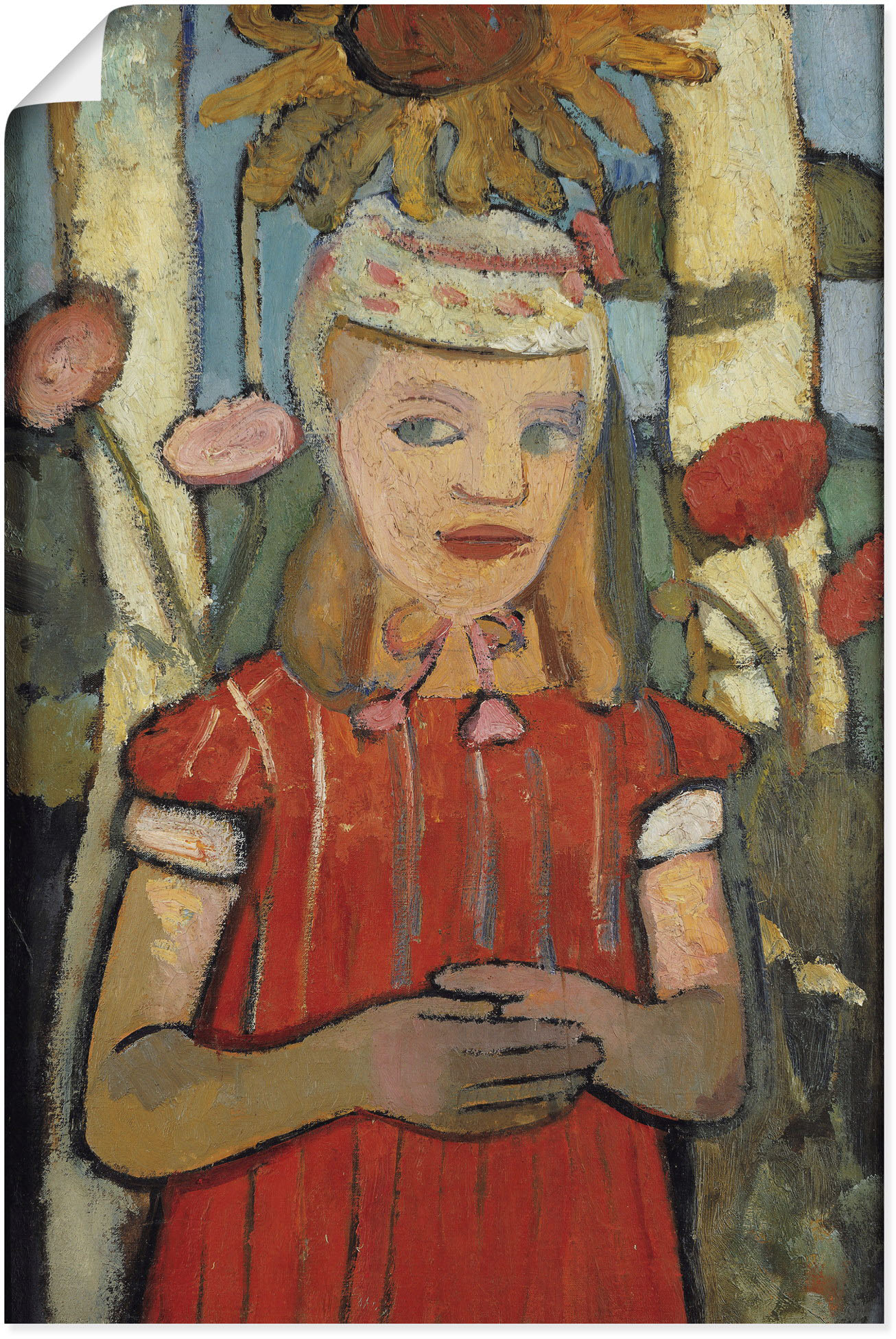 Artland Kunstdruck "Mädchen in rotem Kleid vor Sonnenblume.", Bilder von Kindern, (1 St.) von Artland