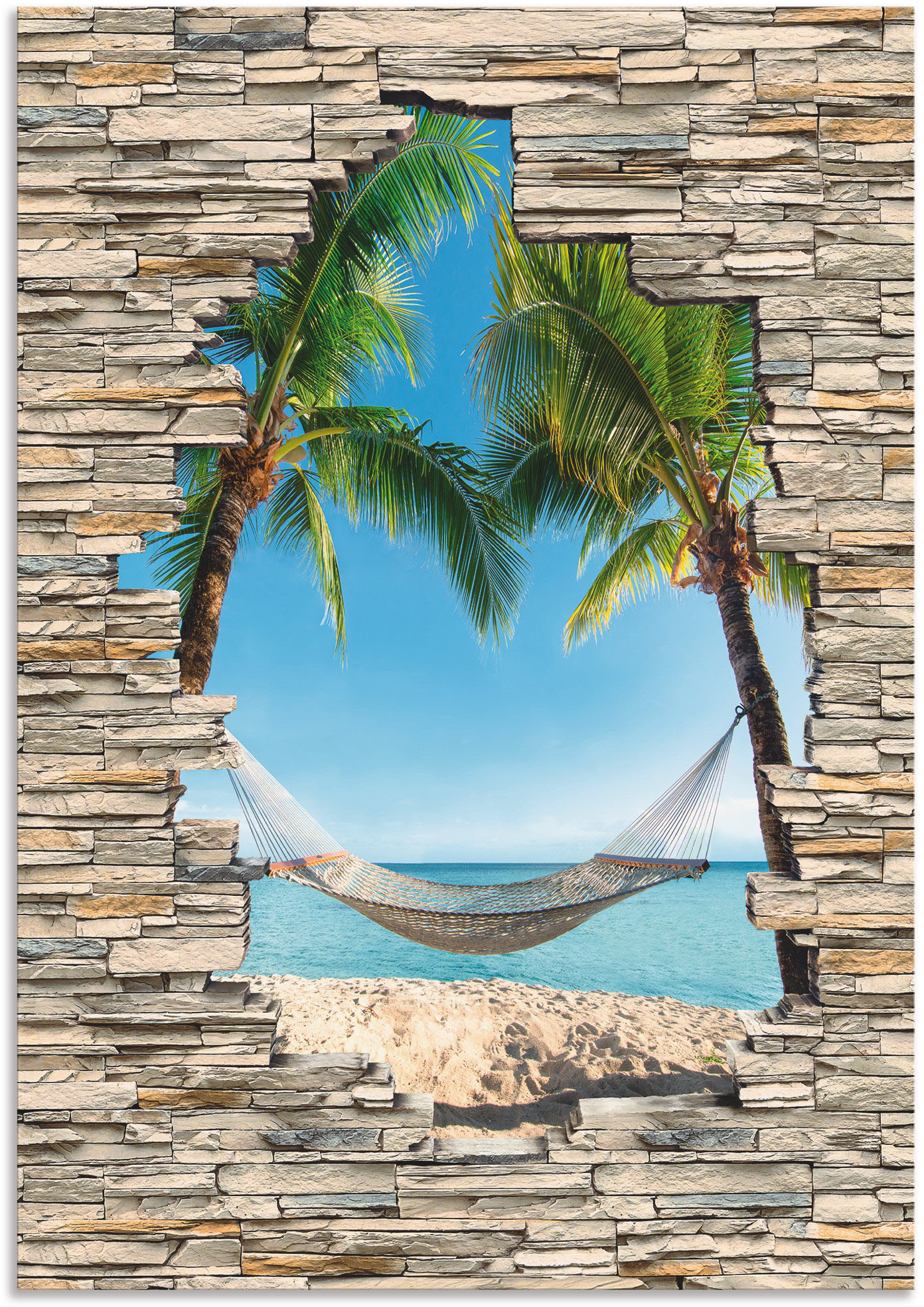 Artland Wandbild "Palmenstrand Karibik Hängematte Stein" Karibikbilder 1 Stk. tlg. als Alubild, Outdoorbild, Poster in verschied. Größen von Artland