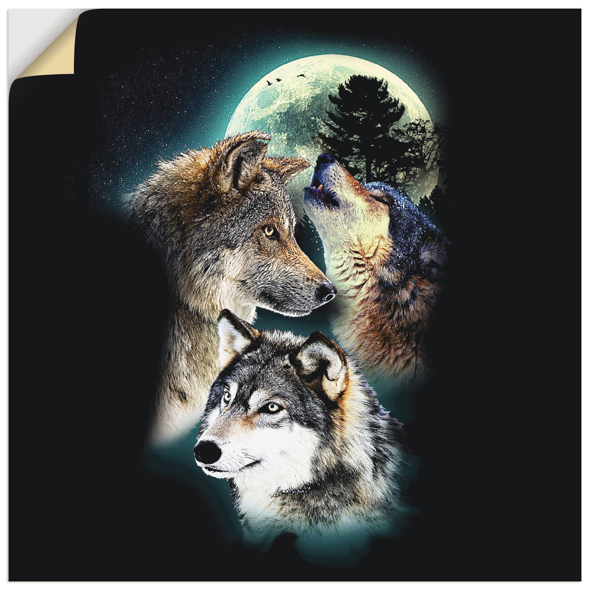 Artland Wandbild "Phantasie Wolf Wölfe mit Mond", Wildtiere, (1 St.), als Leinwandbild, Poster, Wandaufkleber in verschied. Größen von Artland