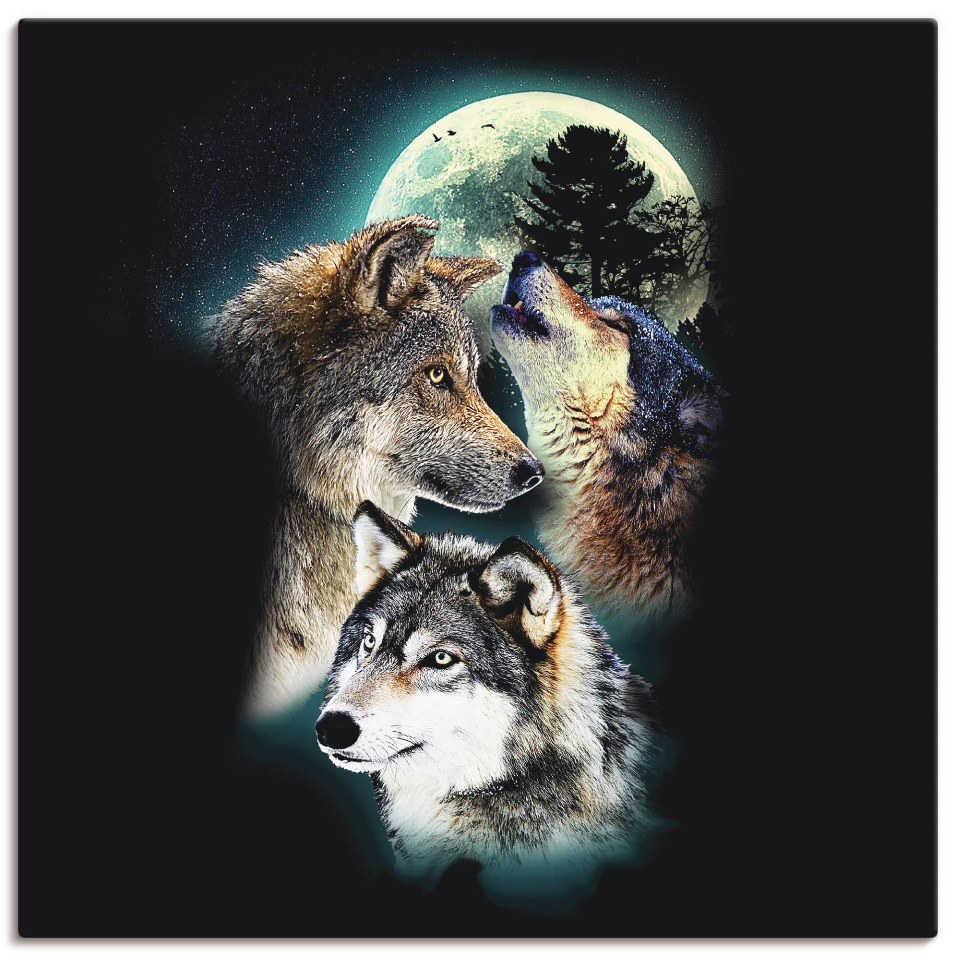Artland Wandbild "Phantasie Wolf Wölfe mit Mond", Wildtiere, (1 St.), als Leinwandbild, Poster, Wandaufkleber in verschied. Größen von Artland