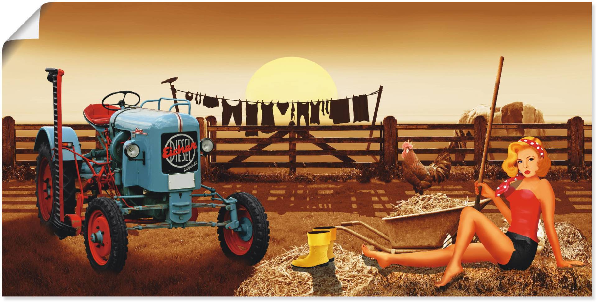 Artland Poster "Pin Up Girl mit Traktor auf Bauernhof", Traktoren, (1 St.) von Artland