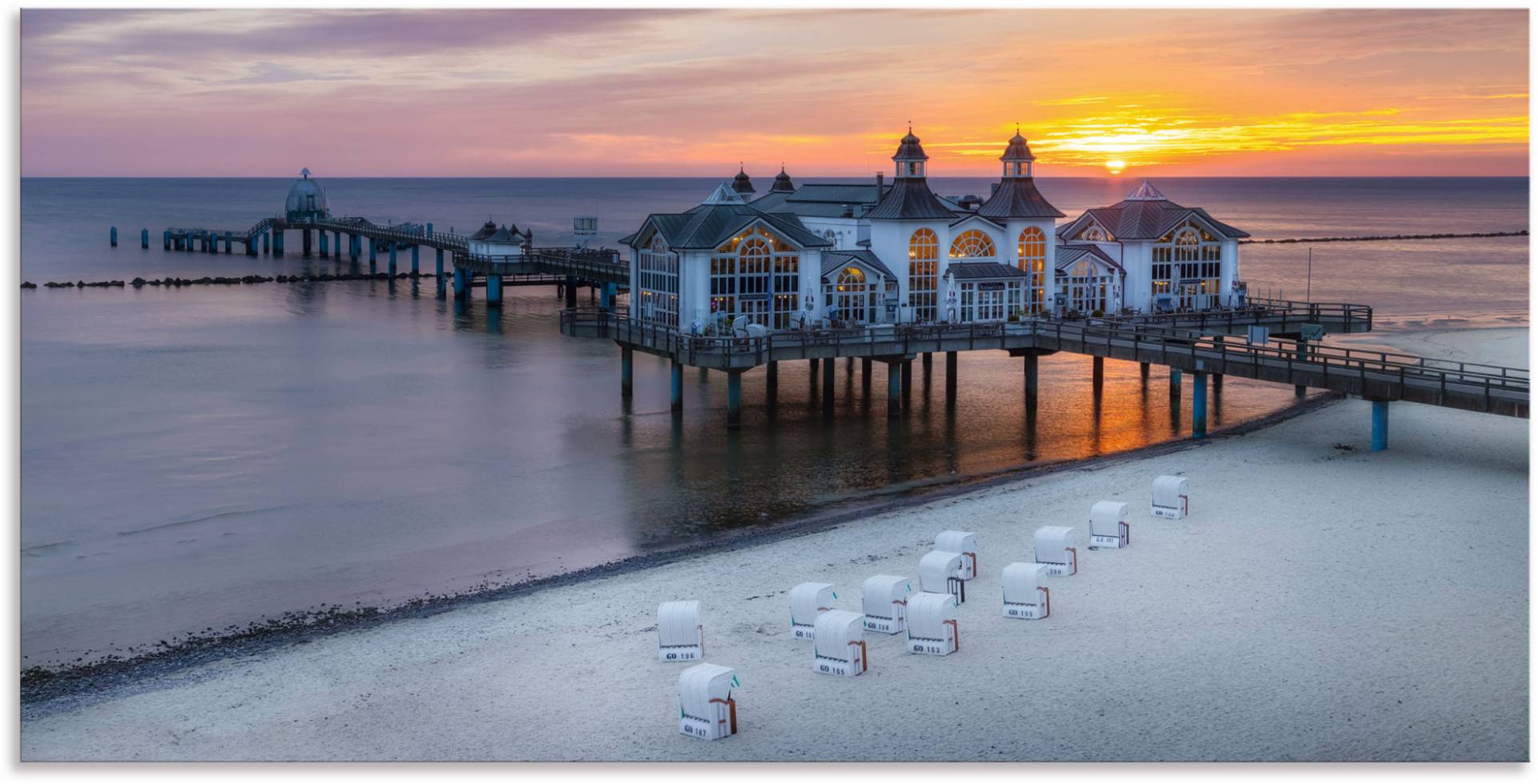 Artland Wandbild "RÜGEN Seebrücke in Sellin Sonnenaufgang", (1 Stück), in vielen Größen & Produktarten - Alubild / Outdoorbild für den Außenbereich, Leinwandbild, Poster, Wandaufkleber / Wandtattoo auch für Badezimmer geeignet von Artland