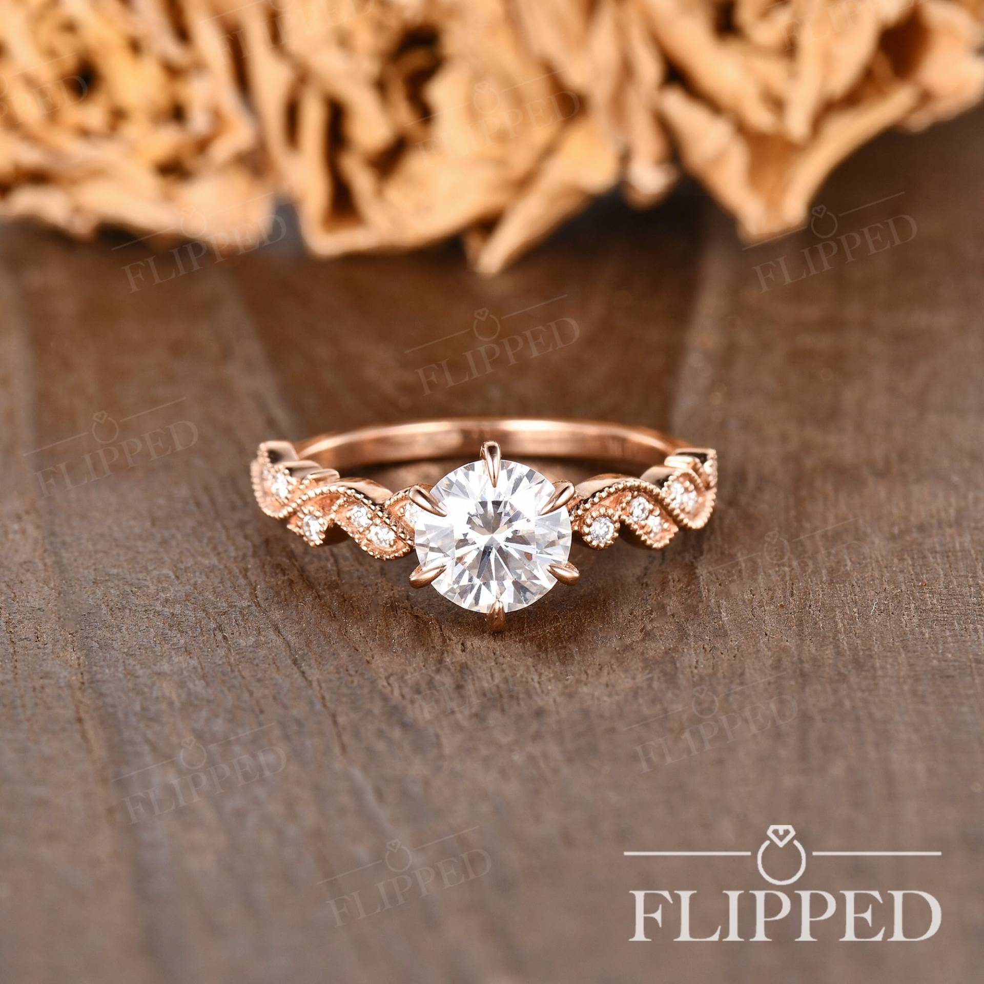 1Ct Rose Gold Moissanite Verlobungsring Art Deco Solitär Cluster Ring Frau Antik Milgrain Weinblatt Ehering Versprechen Geschenk Für Sie von ArtlandUS