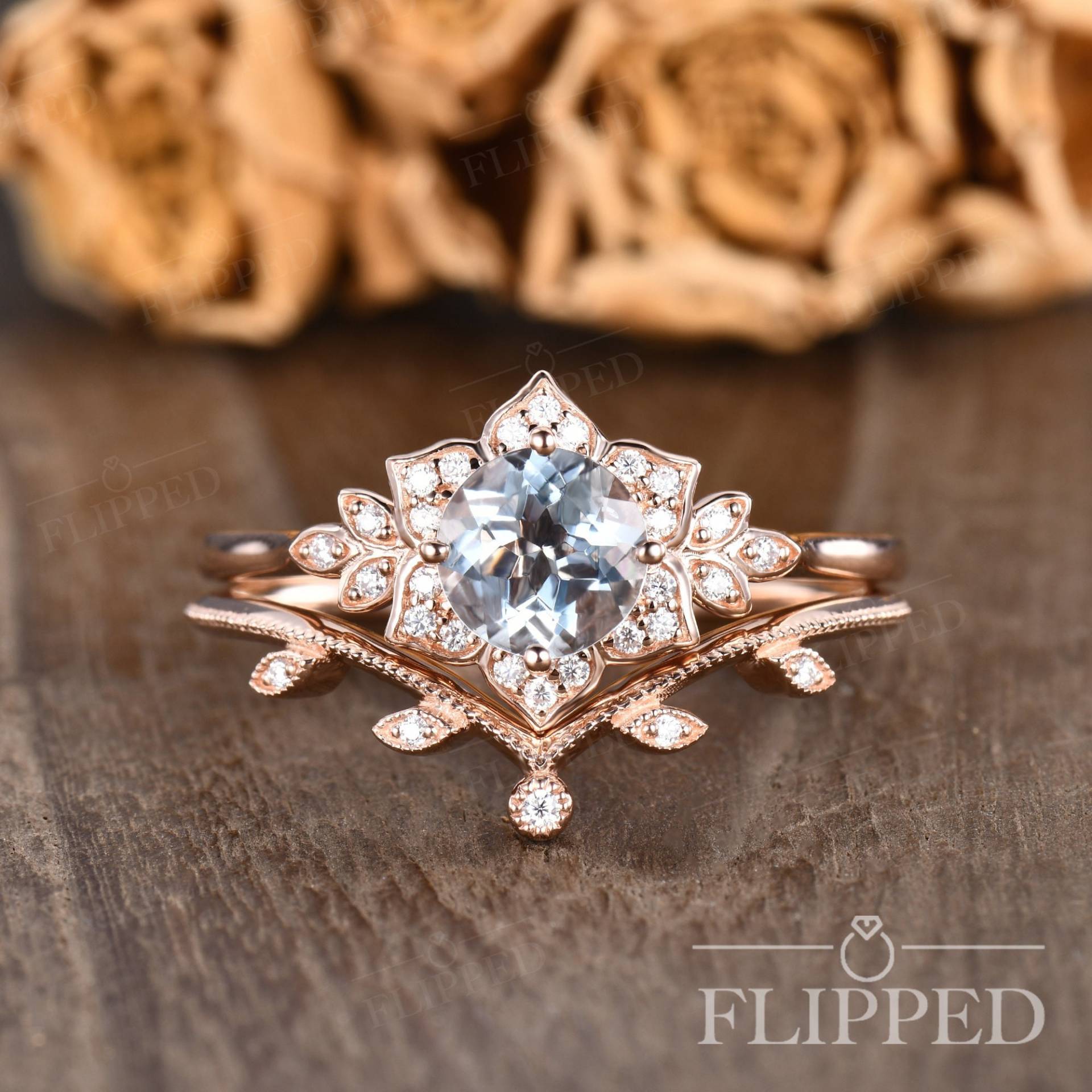 7mm Rund Aquamarin Verlobungsring Set Rose Gold Braut Ring Blauer Edelstein Hochzeit Diamant Halo Rebe Blatt von ArtlandUS