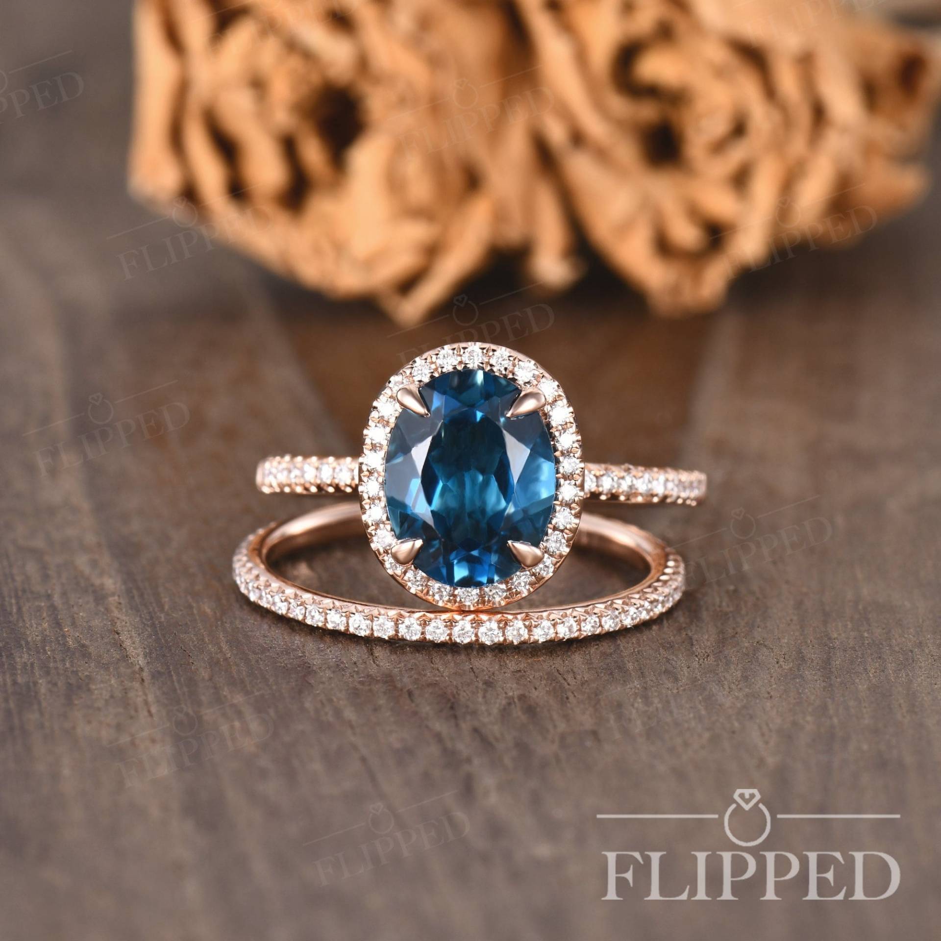 7x9mm Oval London Blue Topaz Engagement Ring Set 2.5Ct Cut Wedding Bridal Halo Diamond Half Eternity von ArtlandUS