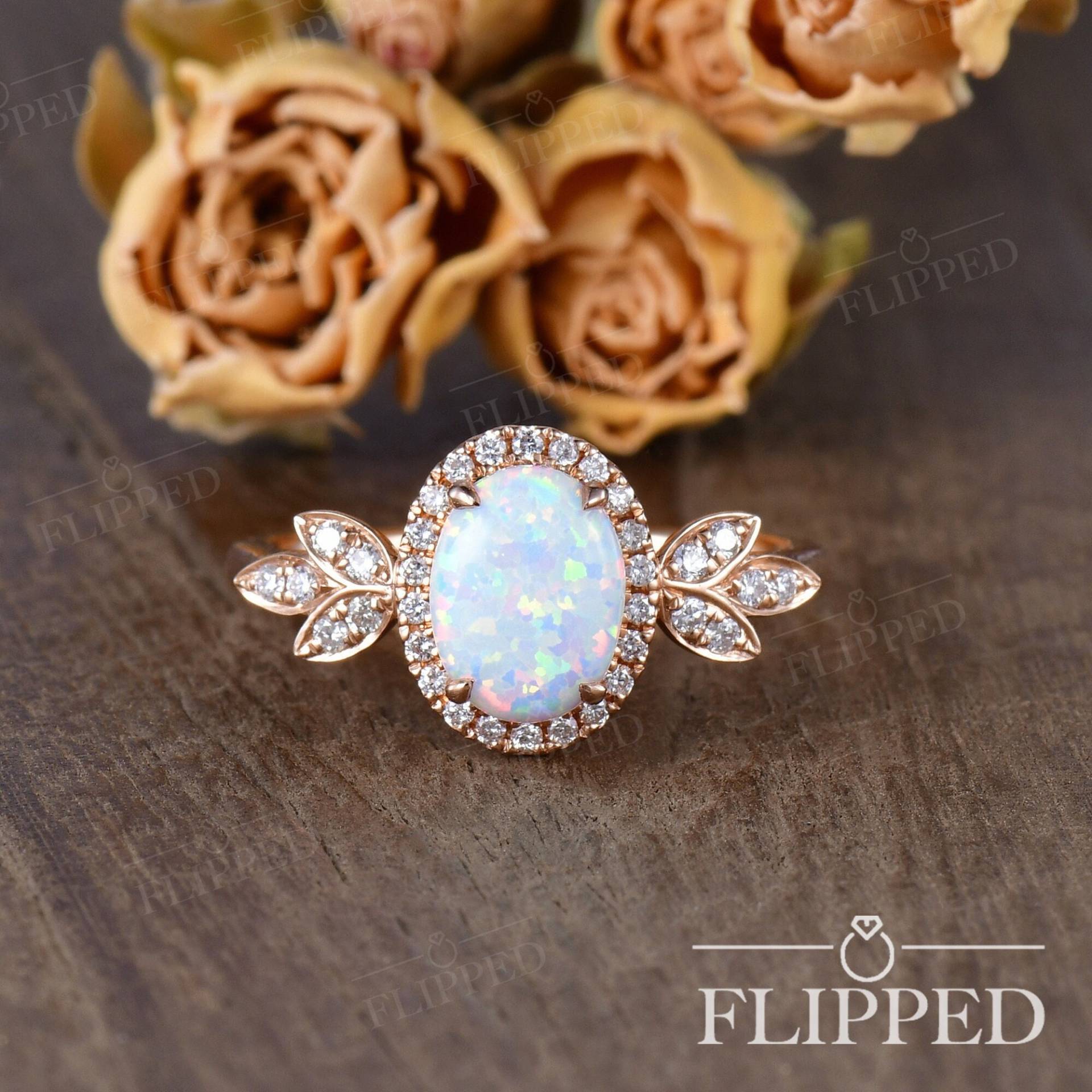 Antike Opal Verlobungsring Roségold Diamant Halo Blumenring Ovalschliff Lab Ring Brautring Frau Rebe Blatt Einzigartiger Birthstone von ArtlandUS