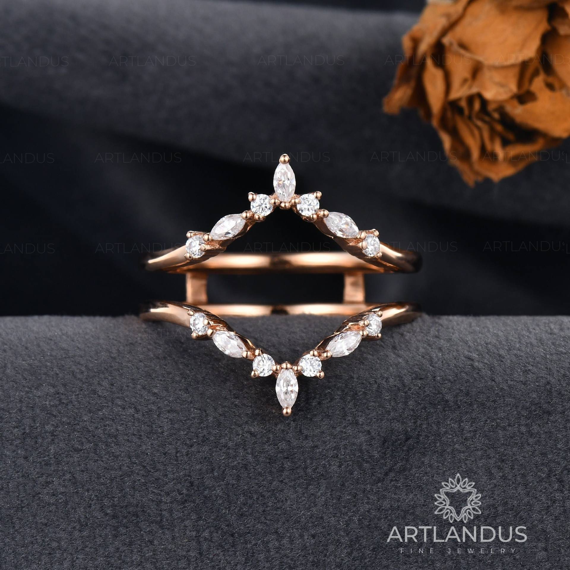 Doppel Hochzeit Band Frauen Rose Gold Gebogener Ring Marquise Moissanite Vintage Käfig Stil Nach Maß Halbe Ewigkeit Brautring Einzigartige von ArtlandUS