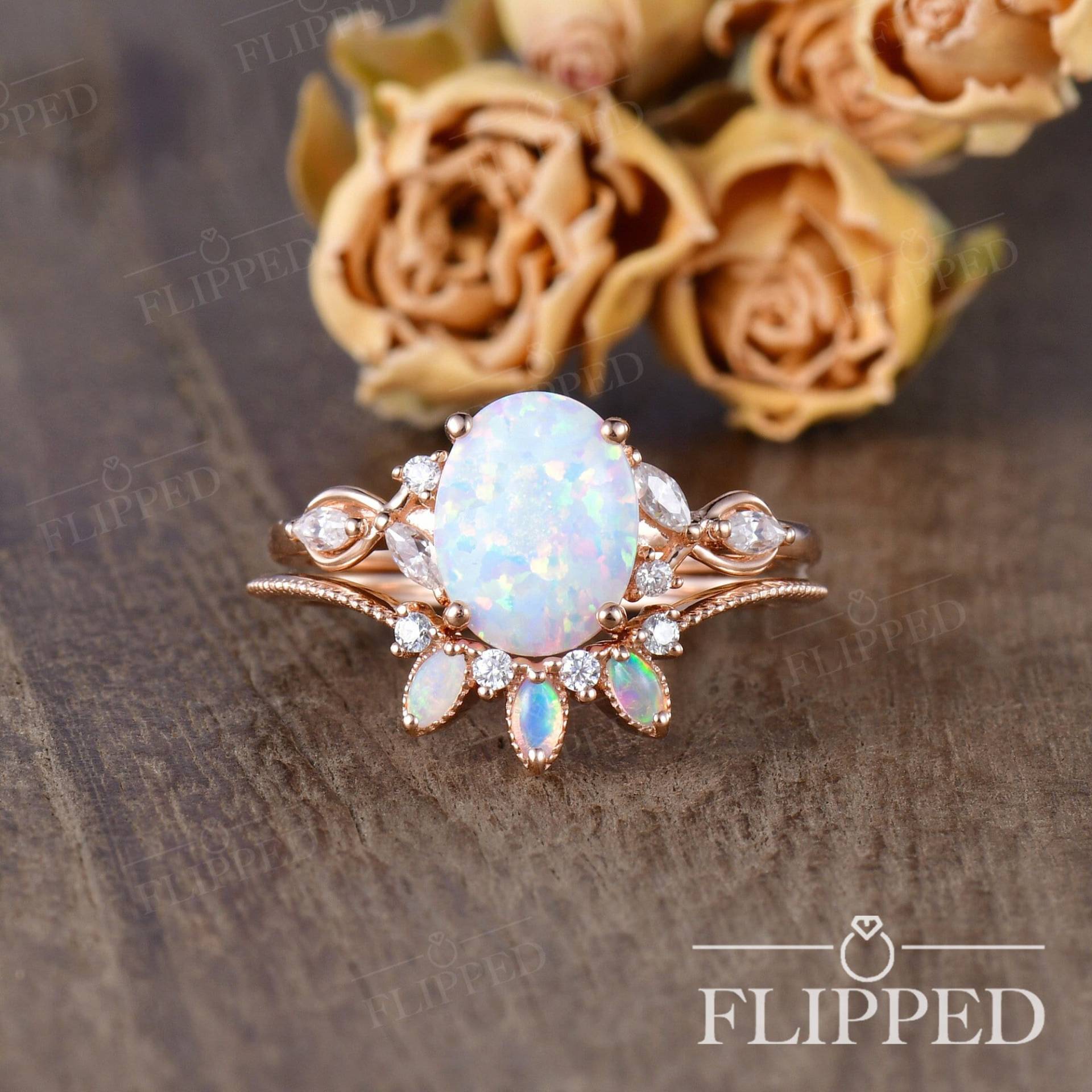 Lab Opal Verlobungsring Set 2 Stück Marquise Diamant/Moissanite Braut Art Deco Milgrain Passende Band Frau Stacking Ring Floral Blatt von ArtlandUS