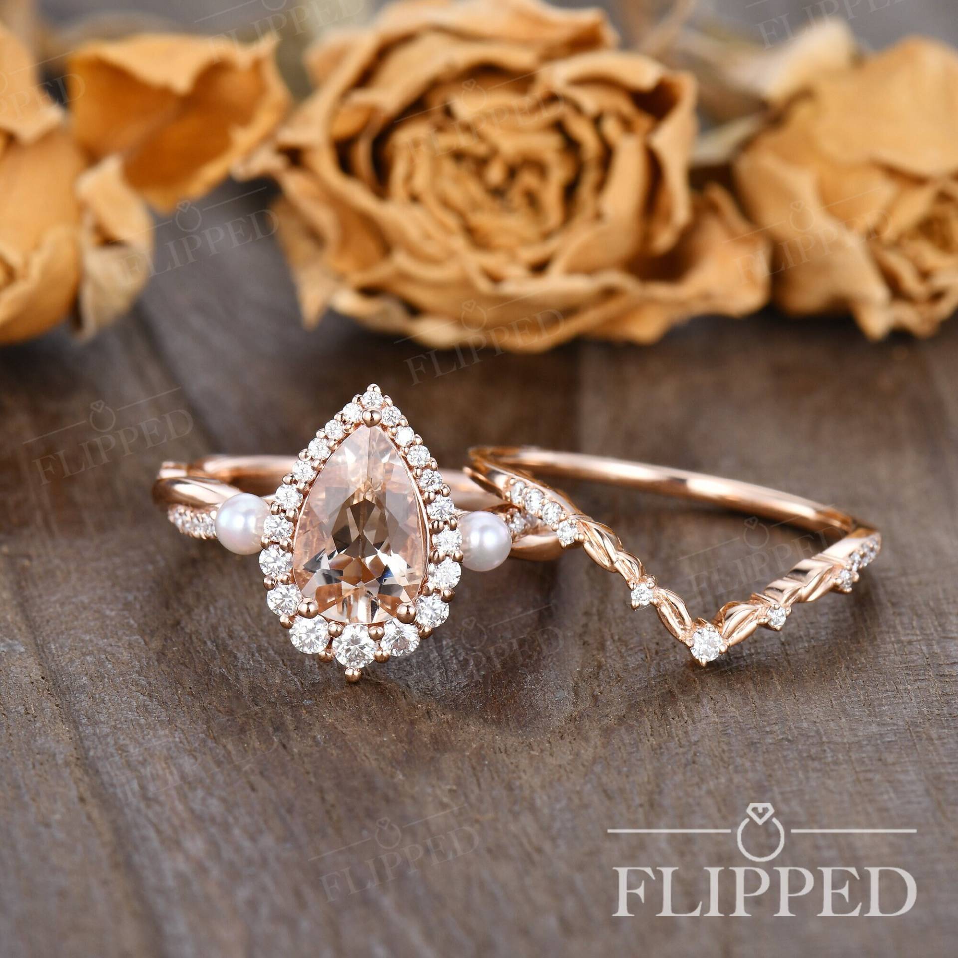 Natürliche Morganit Verlobungsring Set Rose Gold Diamant Halo Braut Frau Perle Infinity Twist Ring 2 Stück Vine Leaf Passende Stapel Band von ArtlandUS