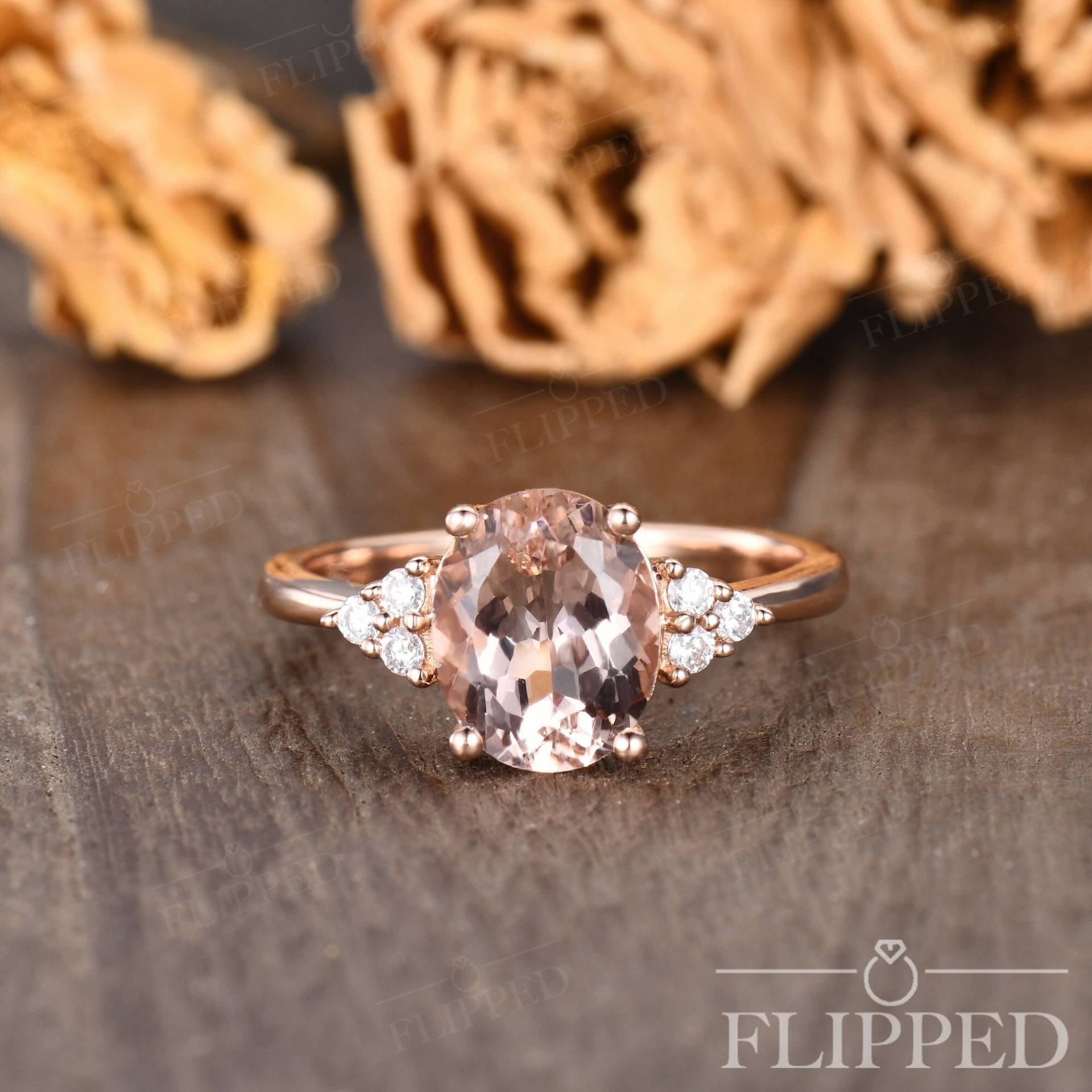 Natürlicher Pfirsich Morganit Verlobungsring 14K Rose Gold 8x10mm Oval Morgantie Ehering 2.5Ct Cluster Diamant Seitenstein Halbe Ewigkeit von ArtlandUS