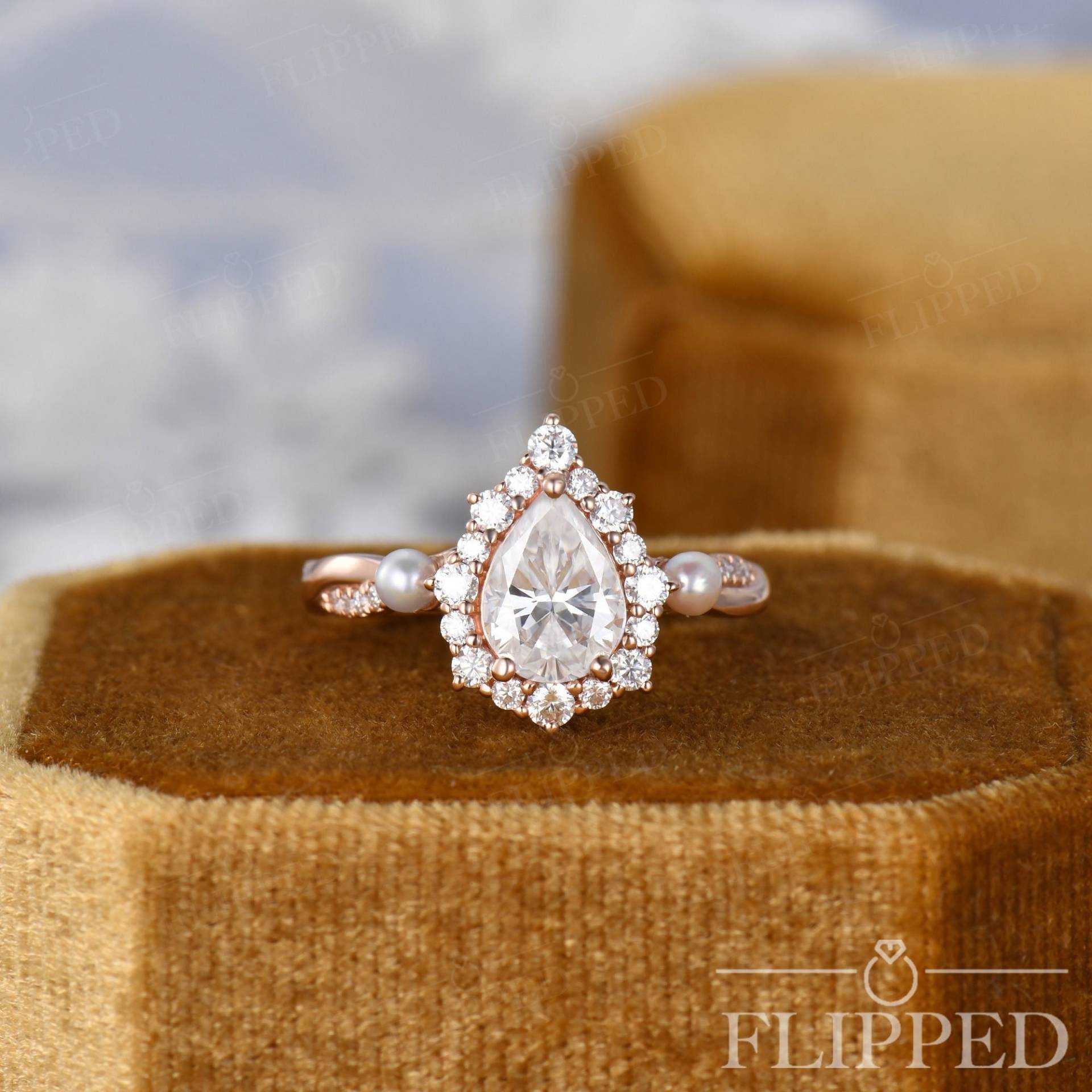 Perle Moissanite Verlobungsring Rose Gold Cluster Halo Diamant Ehering Pear Förmigen Brautring Infinity Goldring Farblos Stein von ArtlandUS