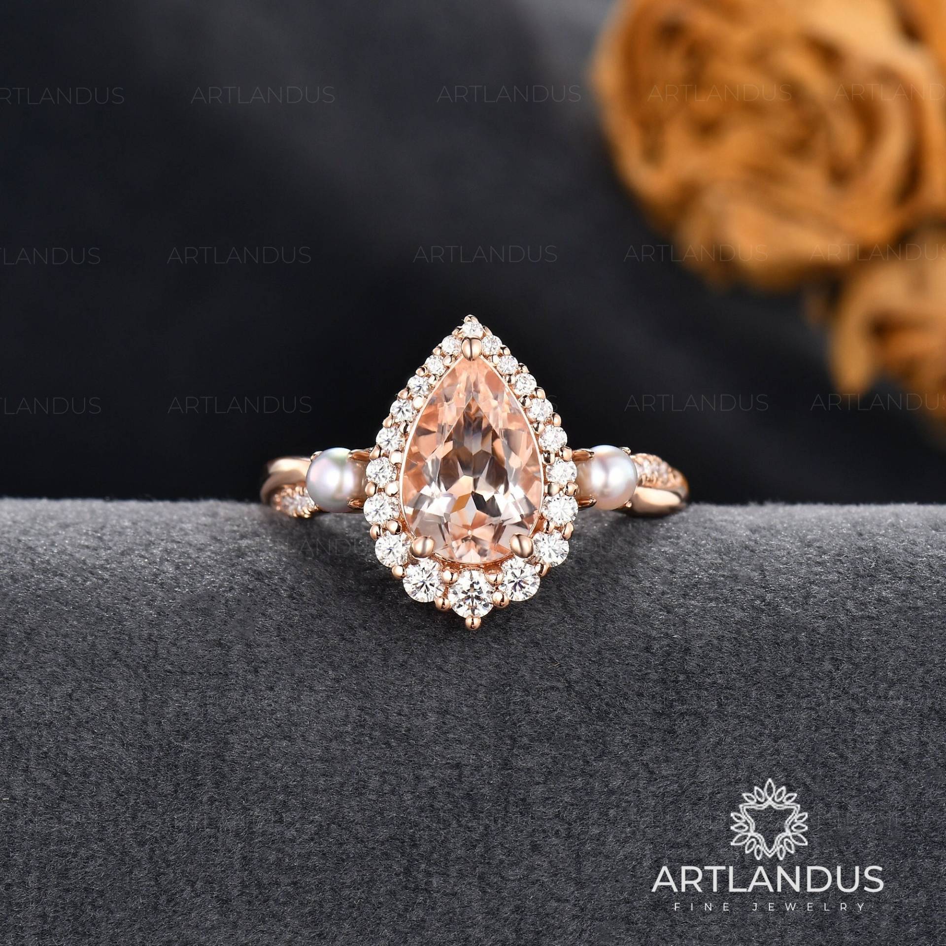 Perle Morganit Verlobungsring Rose Gold Birnenförmigen Ring Diamant Cluster Halo Infinity Twist Band Pfirsich von ArtlandUS